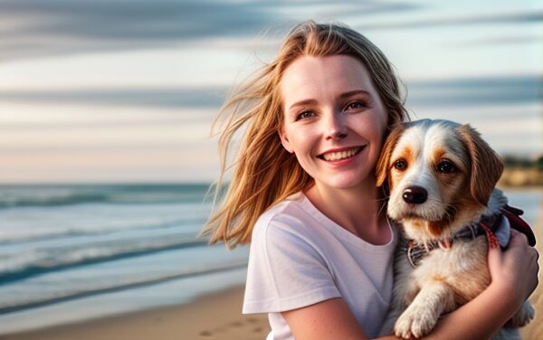 Springtime image of girl with dog